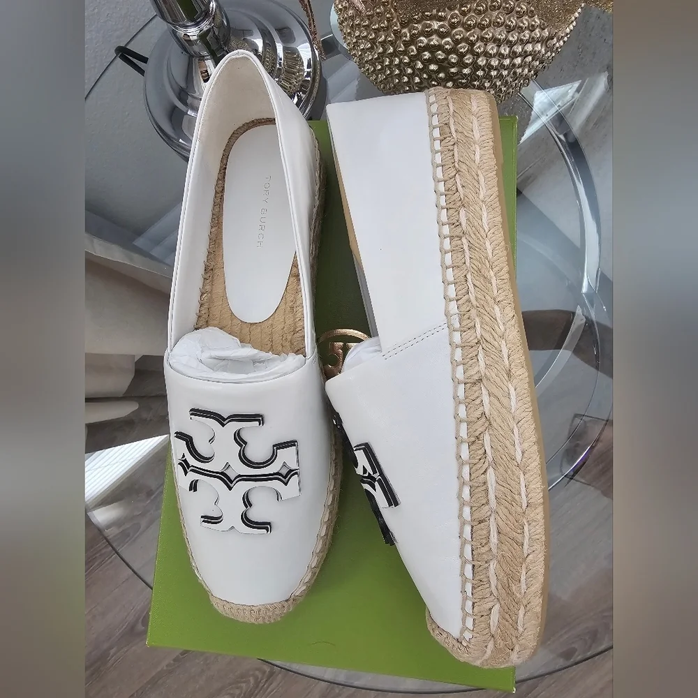 Tory Burch Ines Leather Espadrille with White Logo 8.5